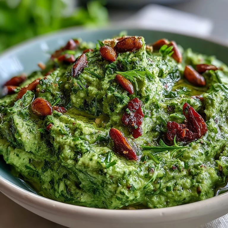 Frischer Löwenzahn-Pesto mit Knoblauch und Pinienkernen als Brotaufstrich.