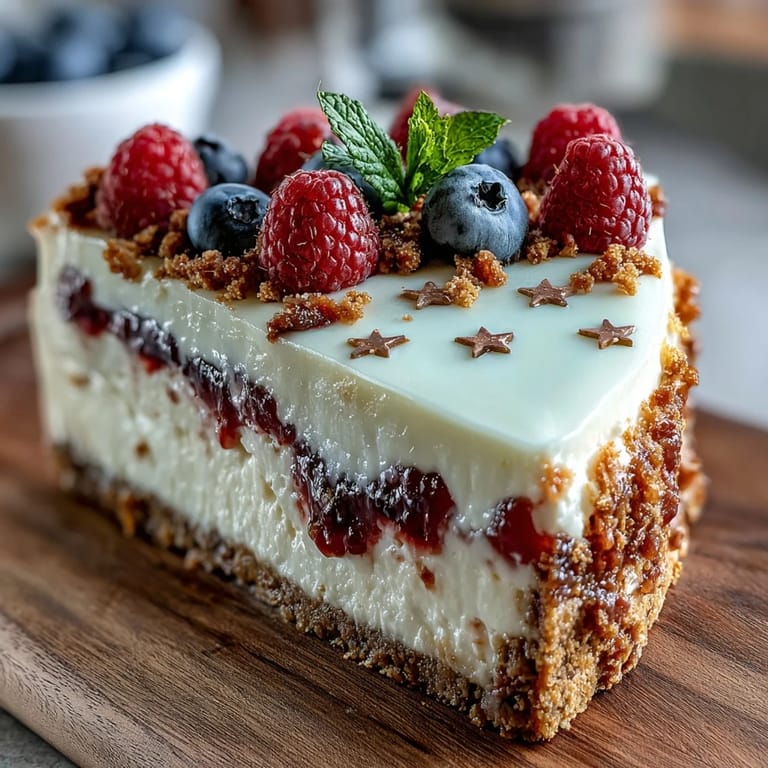 Festlicher No-Bake-Käsekuchen mit frischen Beeren als amerikanische Flagge dekoriert.