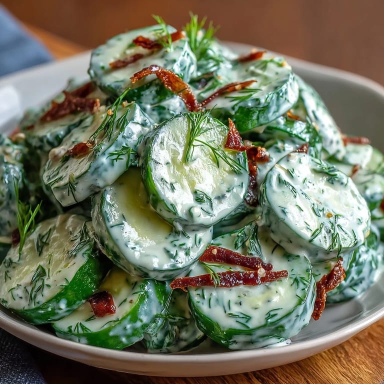 Frische Gurkenscheiben in säuerlicher Dill-Creme, ein erfrischender Beilagensalat für warme Tage.