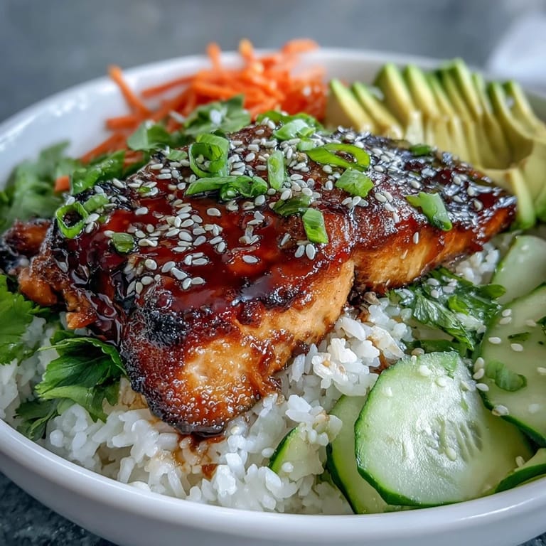 Schneller Teriyaki-Lachs-Bowl mit goldgelbem Lachs, frischen Gurken und cremiger Avocado.