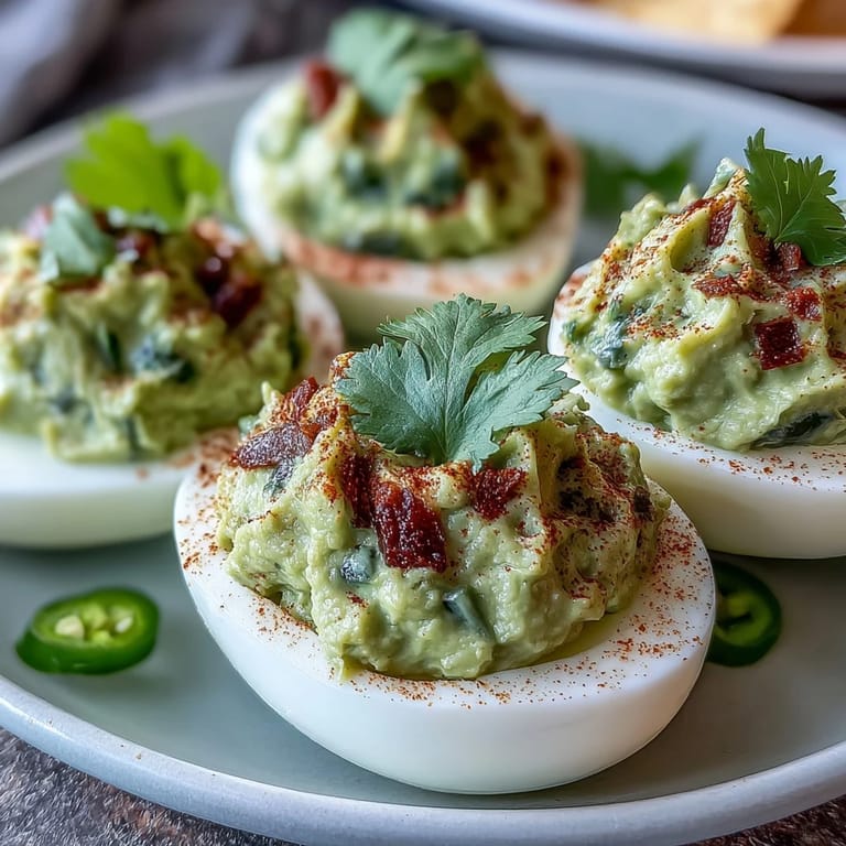 Saftige Deviled Eggs gefüllt mit cremiger Guacamole-Avocado-Mischung, ein Genuss.