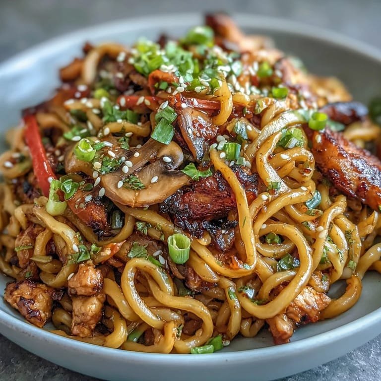Hearty Korean Turkey Fried Noodles with juicy ground turkey, crisp peppers, and onions for a quick weeknight meal.