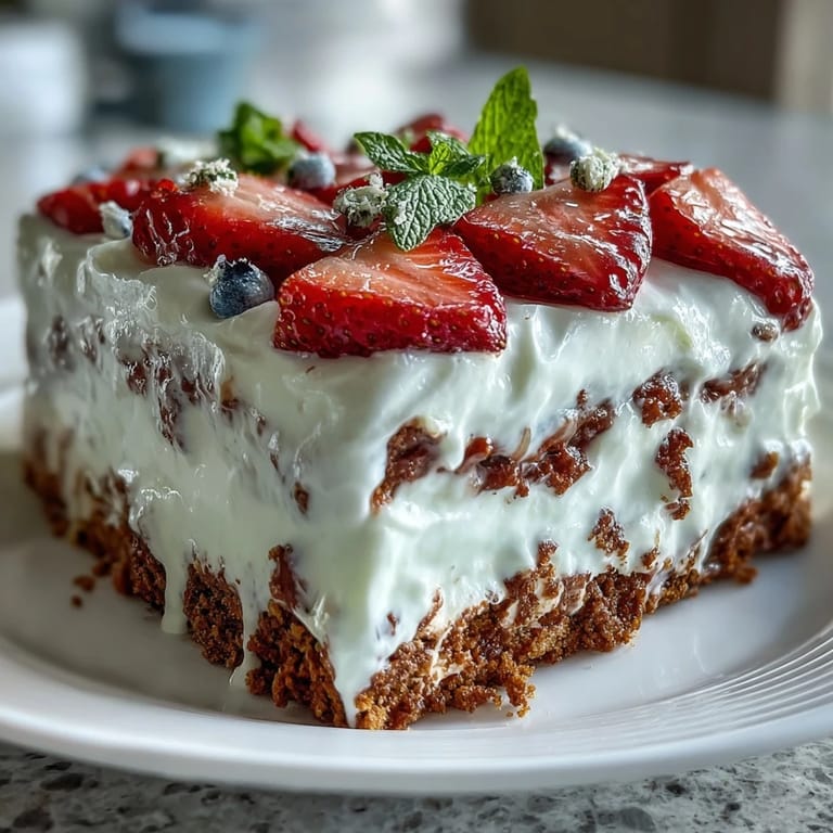 Einfacher Memorial Day Eisboxkuchen mit leichter Schlagsahne und frischen Erdbeer-Toppings.