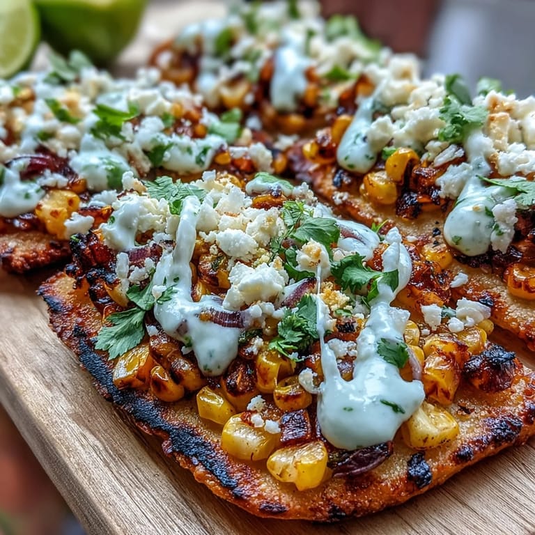 Würziges Mais-Fladenbrot mit geschmortem Mais und Limetten, serviert mit Crema.