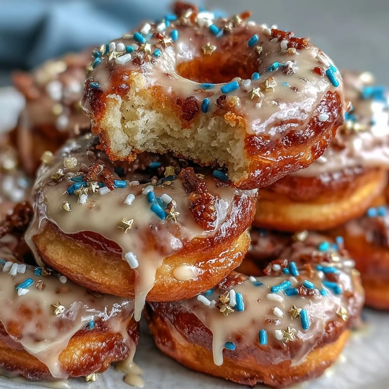 Ein beeindruckender gestapelter Donut-Turm mit Streuseln, perfekt zur Feier von Erfolgen.