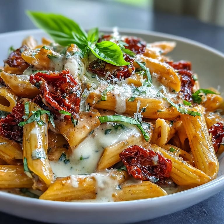 Ein Teller Marry Me Pasta, überbacken mit Parmesan und frischem Basilikum.