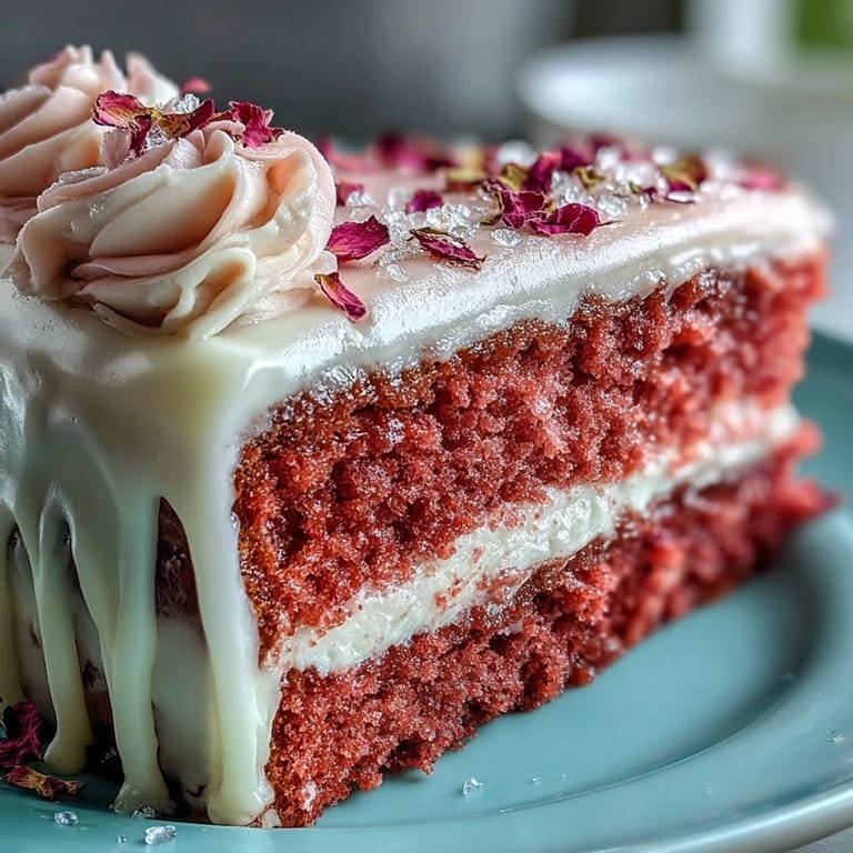 Ein beeindruckender Rosé-Velvetkuchen mit goldener Glasur, dekoriert mit einem schimmernden Goldtropfen und ideal für festliche Anlässe.