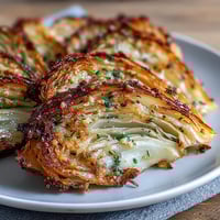 Roasted Garlic Parmesan Cabbage Wedges with golden, crispy edges and melted cheese on a white plate.