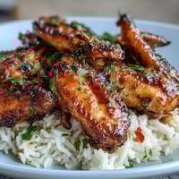 Gebackene Honig-Knoblauch-Hähnchenflügel mit Reis: Goldbraune, klebrige Flügel werden mit einer glasierten, würzigen Sauce über duftendem, butterigem Reis serviert.