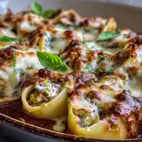 Cremig gefüllte Pesto-Lasagne-Shell mit Hähnchen und Mozzarella, serviert mit Sauce und Basilikum.