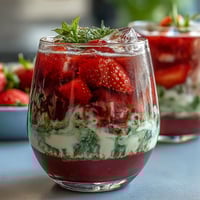 Erfrischender Iced Strawberry Matcha Latte mit cremiger Vanilleschicht und frischen Erdbeeren.  