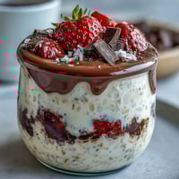 Erdbeer-Schokoladen-Übernacht-Oats-Dessertglas mit frischen Früchten und cremigen Schichten.  