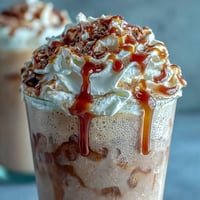 Kühles, cremiges Getränk mit Vanillebohnen, Eis und Milch, garniert mit Schlagsahne und Karamellsauce.