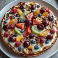 1. Colorful Summer Party Fruit Pizza with Cookie Crust topped with fresh strawberries, blueberries, and kiwi slices.