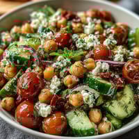 Knackige Gurke und herzhafte Kichererbsen mit frischem Zitronendressing, ein leichter und proteinreicher Salat.
