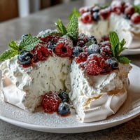 1. Mothers Day Pavlova mit gemischten Beeren: Knusprige Baiserbasis mit weichem Marshmallow-Inneren, gekrönt von frischer Sahne und leuchtenden Beeren.