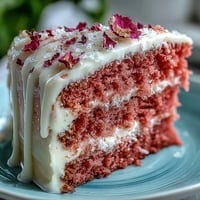Rosé-Velvetkuchen mit goldenem Tropfen, perfekt für eine elegante Hochzeitsdusche, mit rosa Schichten und funkelnden Goldakzenten.